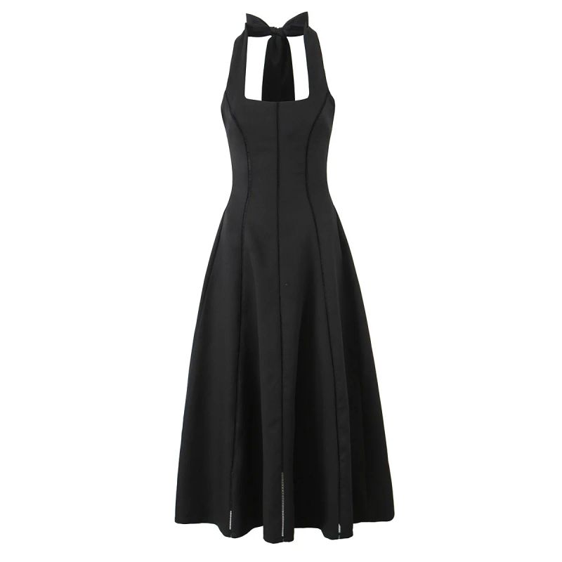 

Wutong Holiday House Same Style French style Romantic Sexy Hollow out Patchwork Hanging Neck Mid-Length Holiday Style Dress Black Cut Out Patchwork L