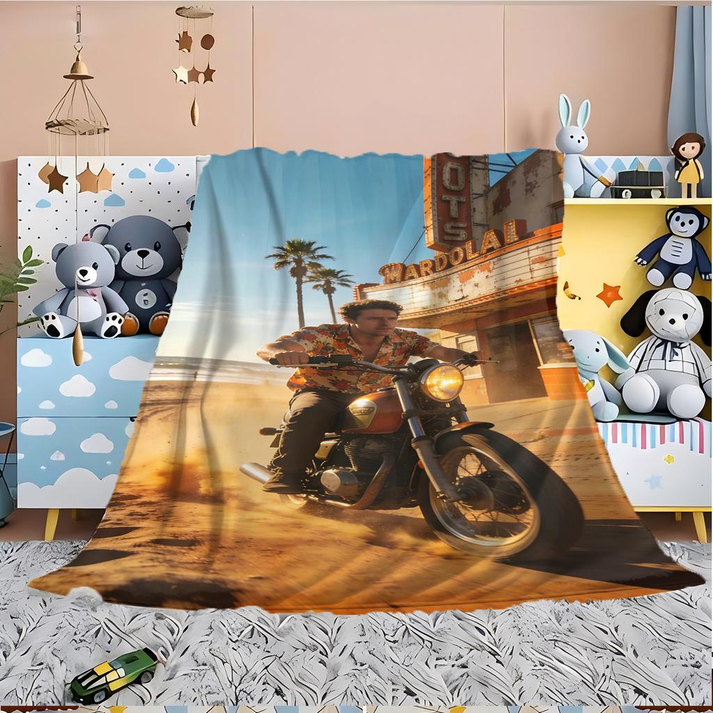 Retro Road Biker Pattern Flannel Printed Blanket Suitable for All Seasons Suitable for Living Room Office Sofa and Travel