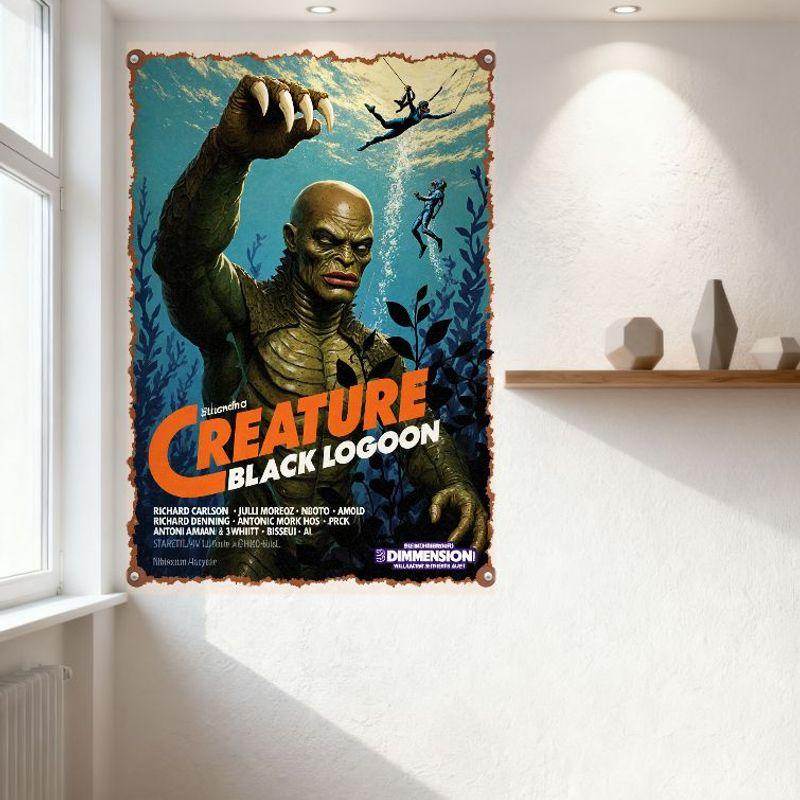 Vintage 'Creature from the Black Lagoon' Metal Tin Sign, Horror Movie Wall Plaque for Home Bar Man Cave Cafe Decor