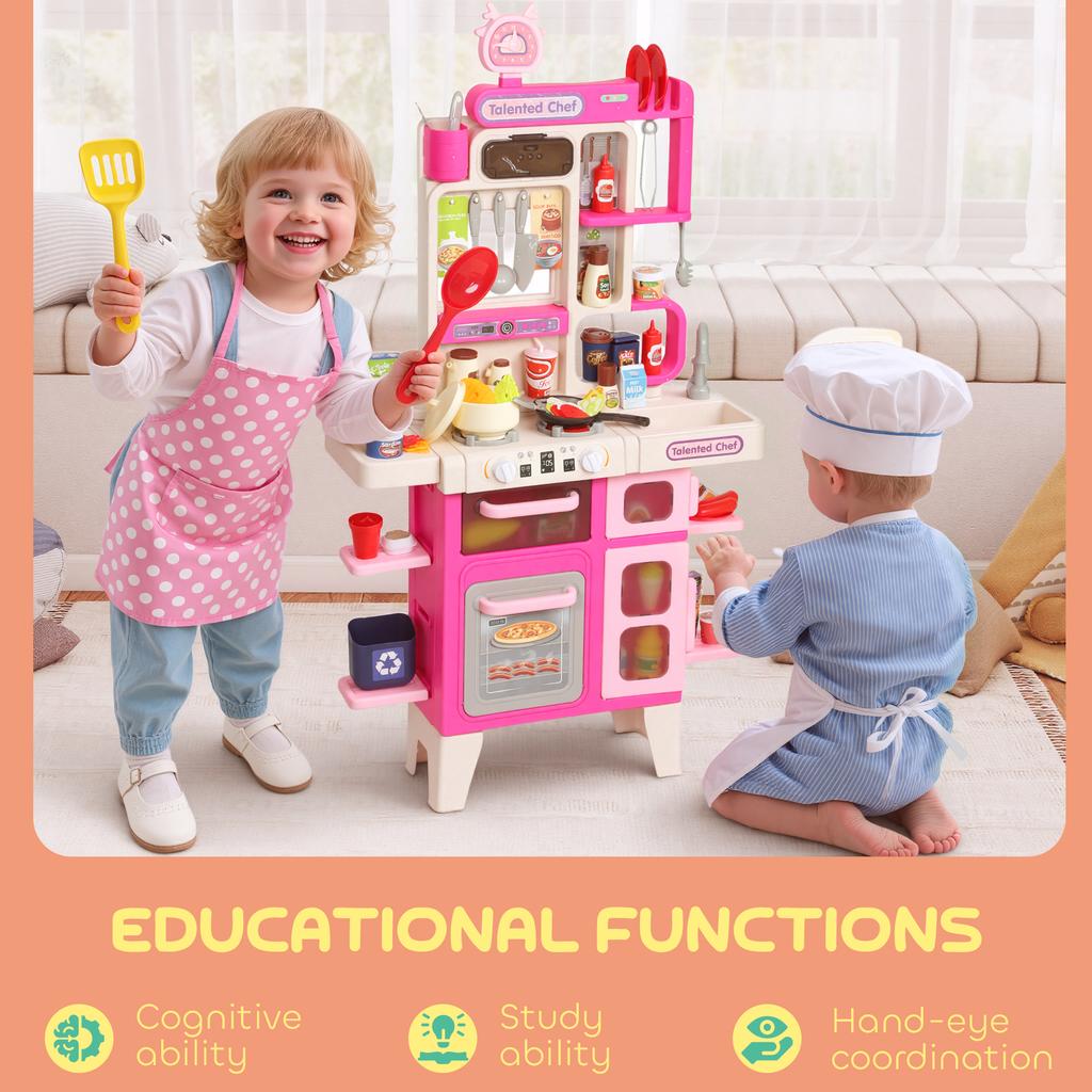 Pretend Play Kitchen Set With Realistic Lights And Sounds 104PCS Toy Kitchen Accessories For Boys And Girls Pink