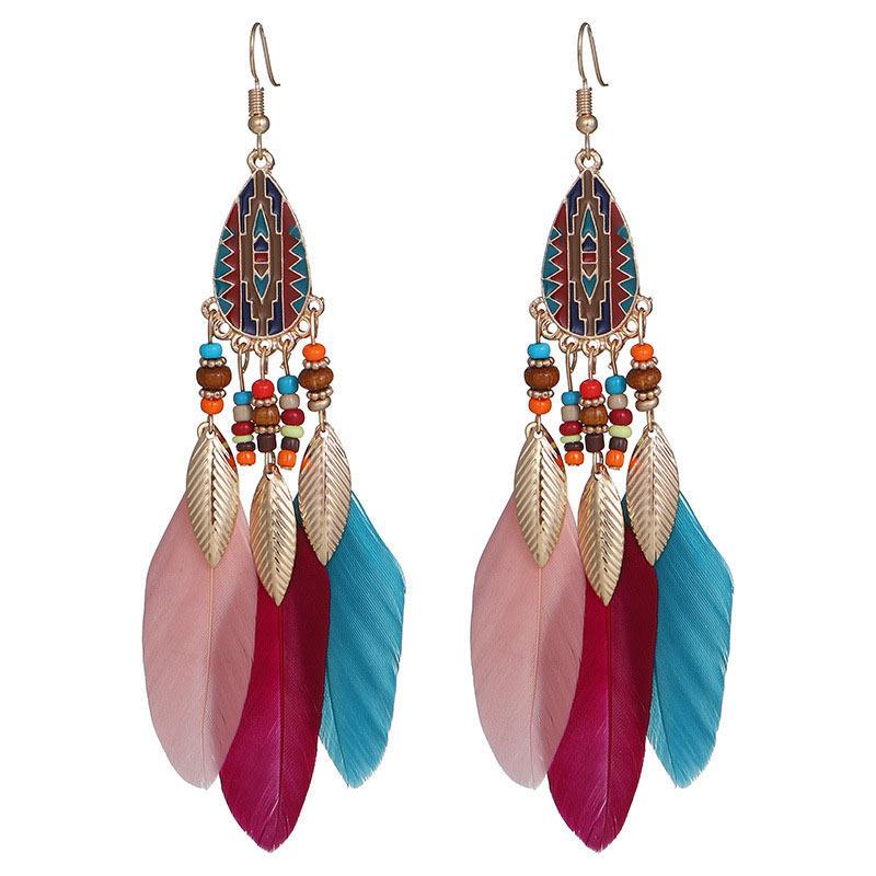 Vintage Bohemian Feather Tassel Earrings Exaggerated Ethnic Vacation Dangle Ear Jewelry Fashion Accessories For Women
