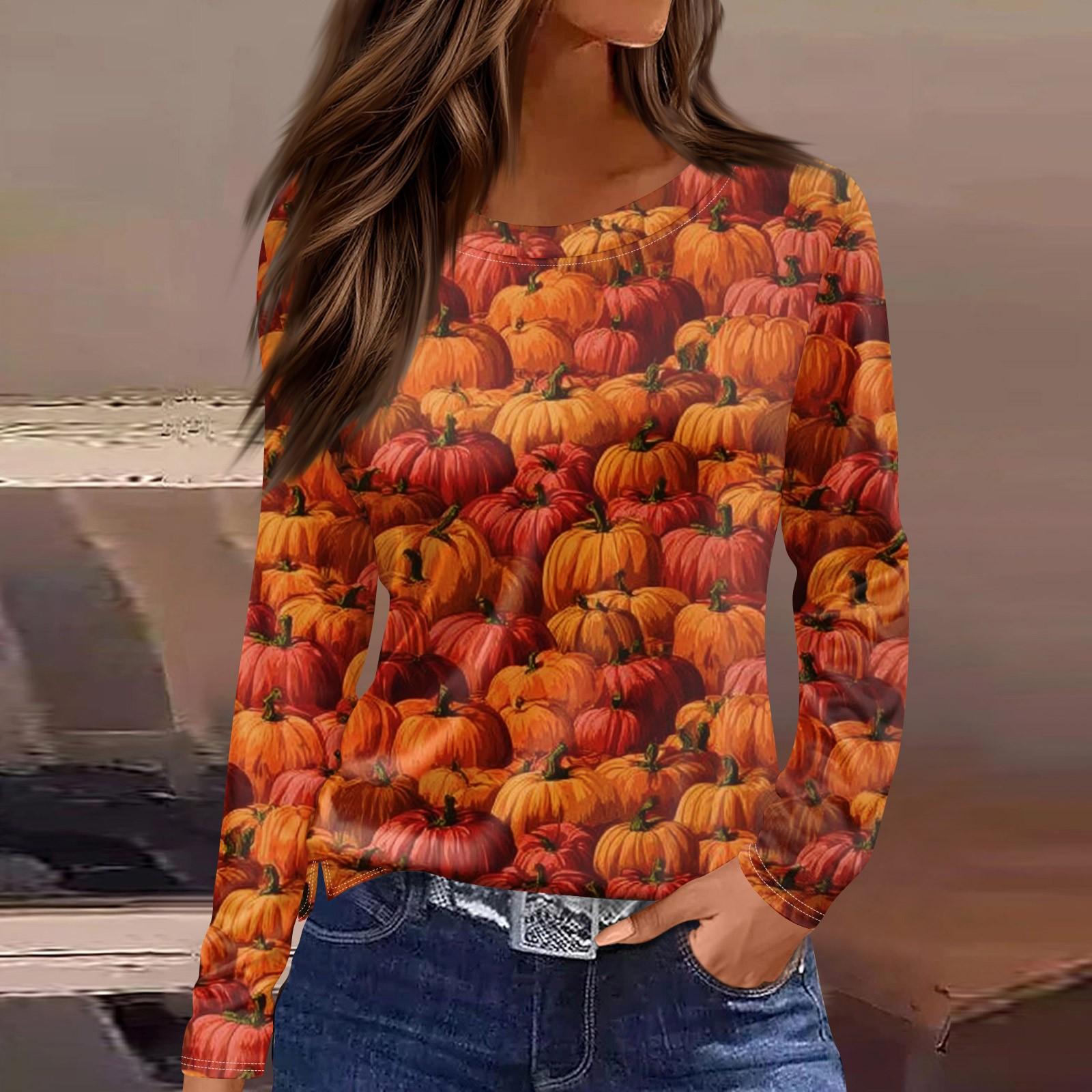 

Women s Fashion Hem Slit Casual Halloween Printed Round Neck Long Sleeve Top XXL шафрановий