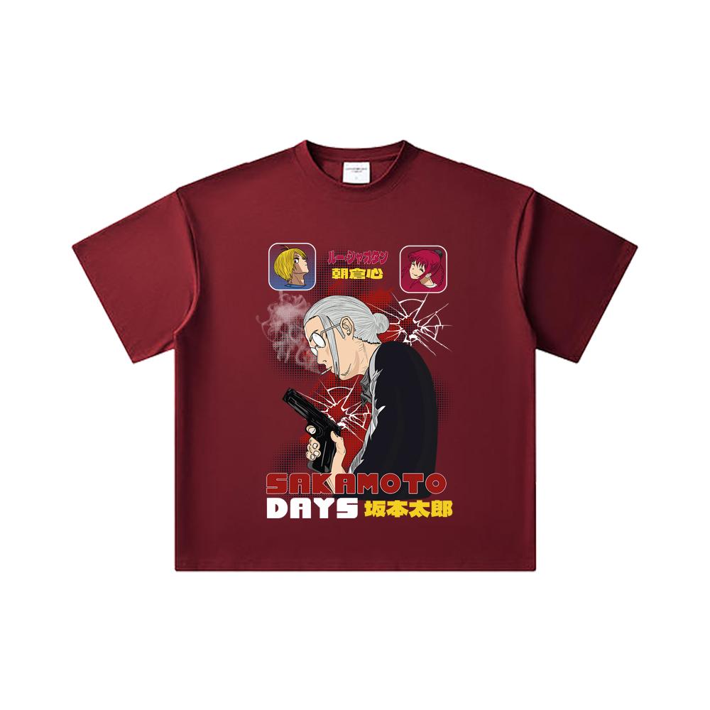 

260 GSM Double Yarn 32 Count 100% Cotton Sakamoto Days V5 Print Unisex Heavy Cotton T Shirt 2XL вина червоного кольору