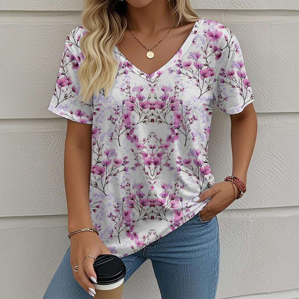 Women's Summer T-shirt Plant Flower Print Retro Fashion Casual Short-sleeved Street V-neck Women's Clothing