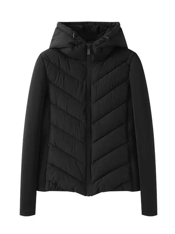 Autumn and Winter Women's Zipper Trim Patchwork Long-sleeved Hooded Cotton Jacket Coat