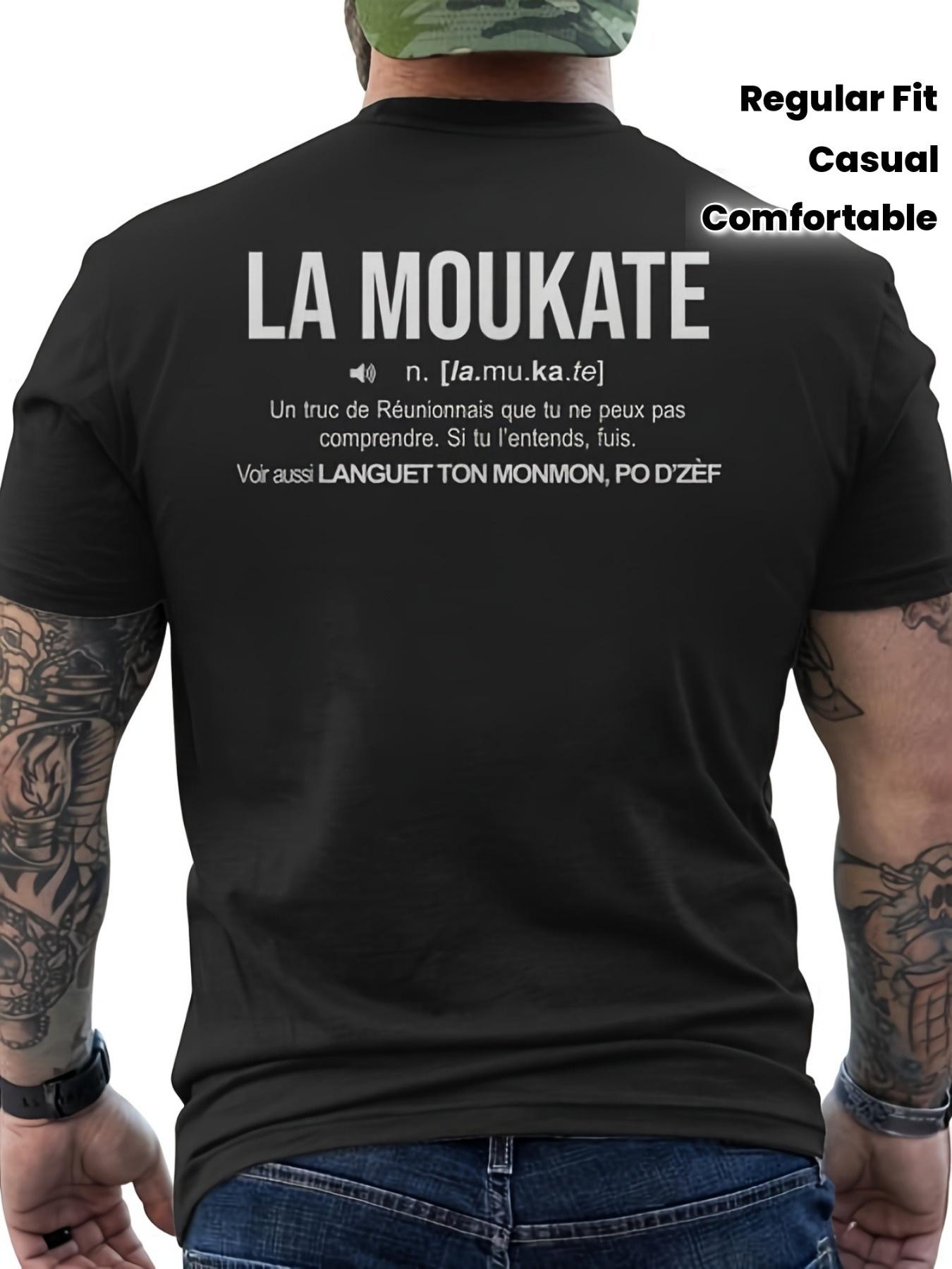 Black La Moukate T-Shirt from Reunion Island - A Short-Sleeved Crew Neck Shirt Featuring French Text on The Back S