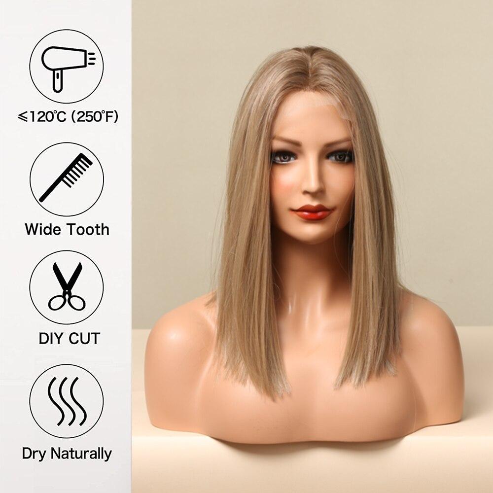 LOUIS FERRE Perruque Bob Lace Front Wig synthétique courte et lisse, perruque Lace Front Wig marron clair avec raie centrale pour femmes, perruque de Cosplay haute densité