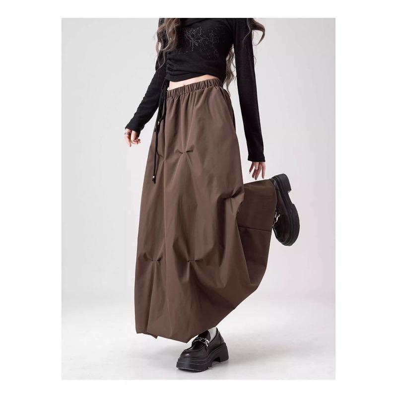 Coffee Brown High Waist Floral Skirt Autumn A Line Flared Pleated Midi Skirt Elegant Fashion Women