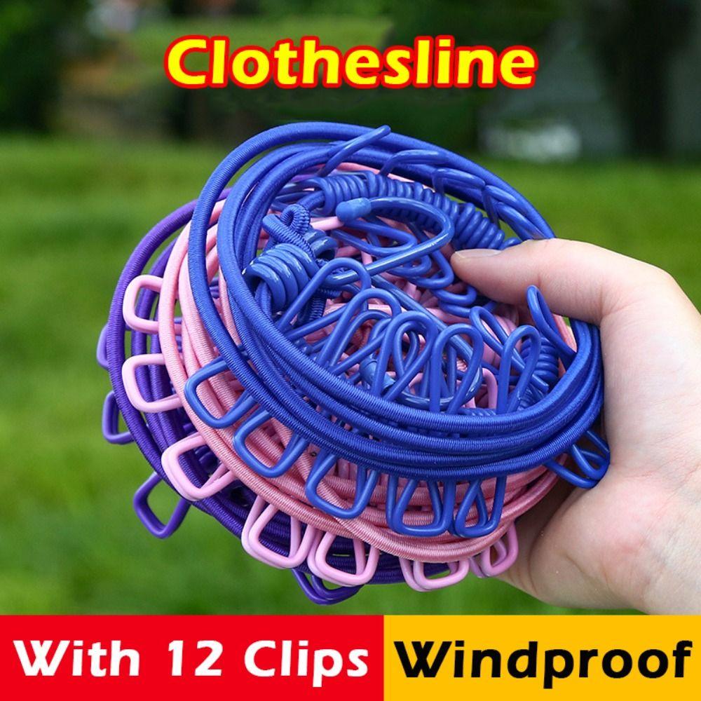 Multi-functional Windproof Clothesline with 12 Clips Colorful Clothesline Rope Travel Clothesline Household Travel
