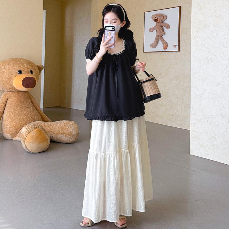Sweet Black Lace Collar Doll Shirt & Skirt Maternity Set - New Korean Style Summer Wear 2XL