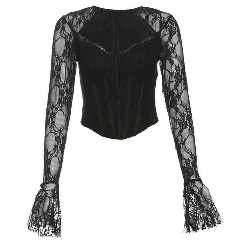 Maglia Sottile Corta Design di Nicchia da Donna Manica Lunga Pizzo Dolce Forato Stagione Primavera e Autunno
