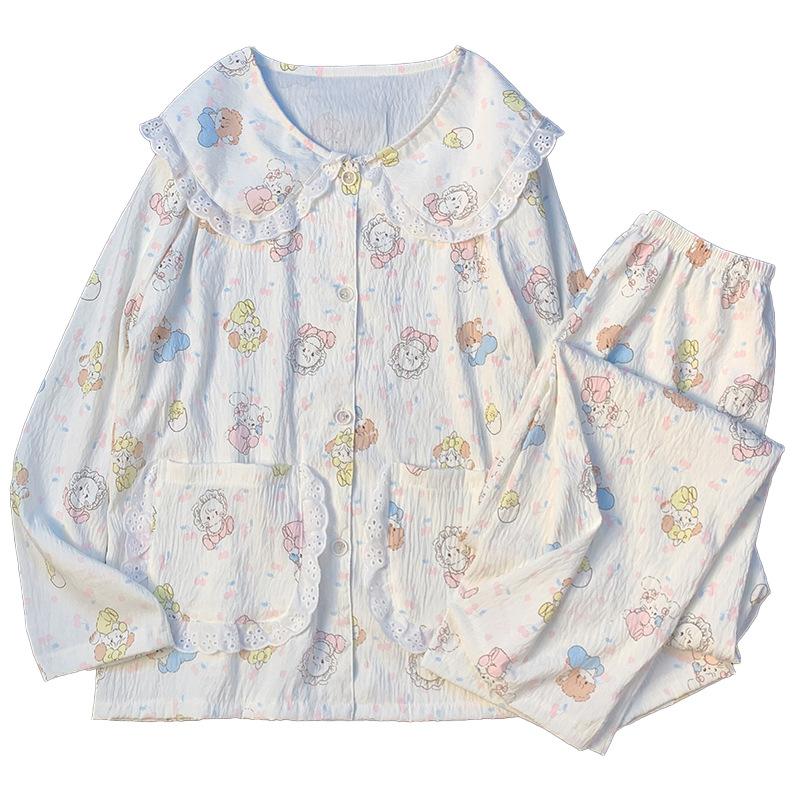 Sweet Mikko Doll Collar Pajamas Women'S Spring And Autumn Cloud Cotton Thin Long-Sleeved Loungewear Can Be Worn Outside
