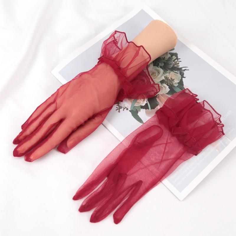 New Sexy Transparent Lace Black White Gloves Solid Color Fashion Women Drive Short Tulle Gloves Mesh Stretchy Wedding Mittens