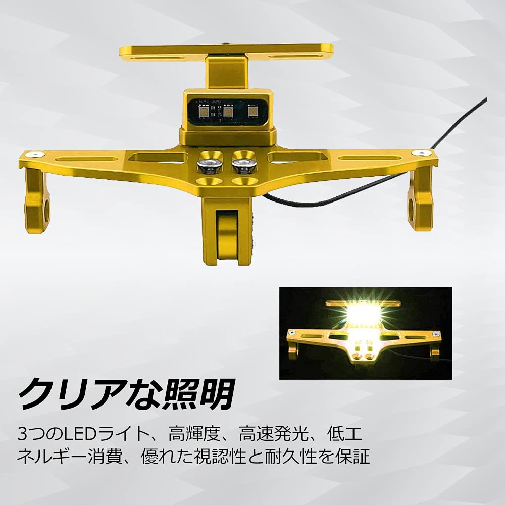 GREENBEAN Motorcycle License Plate Fender Tilt Holder, Adjustable Angle, Machined Aluminum with LED Light, Gold