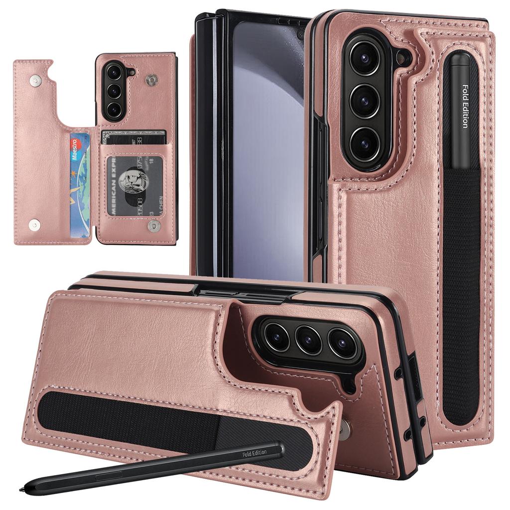 Adatto per Custodia per Cellulare con Schermo Pieghevole Samsung Z Fold7 Doppia Fibbia Porta Penna Fold3 4 5 6 Porta Carte Custodia in Pelle Tinta Unita