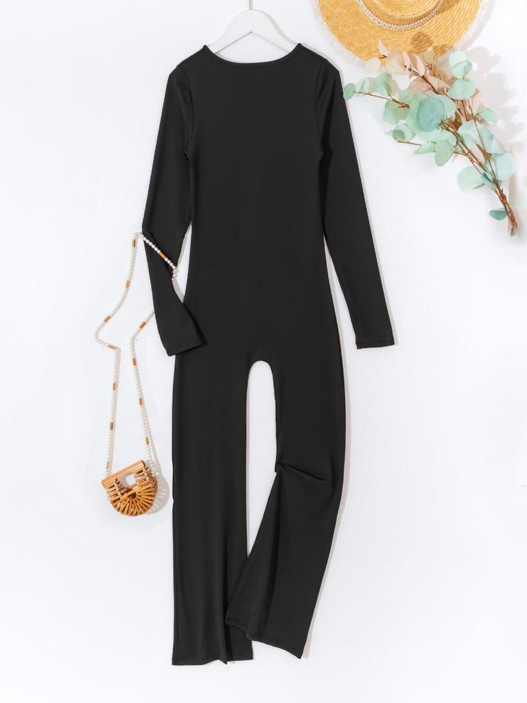 2024 European & American Solid Color Seamless Long Sleeve Yoga Jumpsuit with Flared Pants
