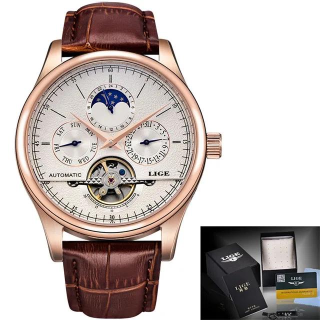 LIGE Brand Retro Mechanical Wristwatch Tourbillon Automatic Watch Sport Clock Leather Casual Business Men Watches Relojes Hombre