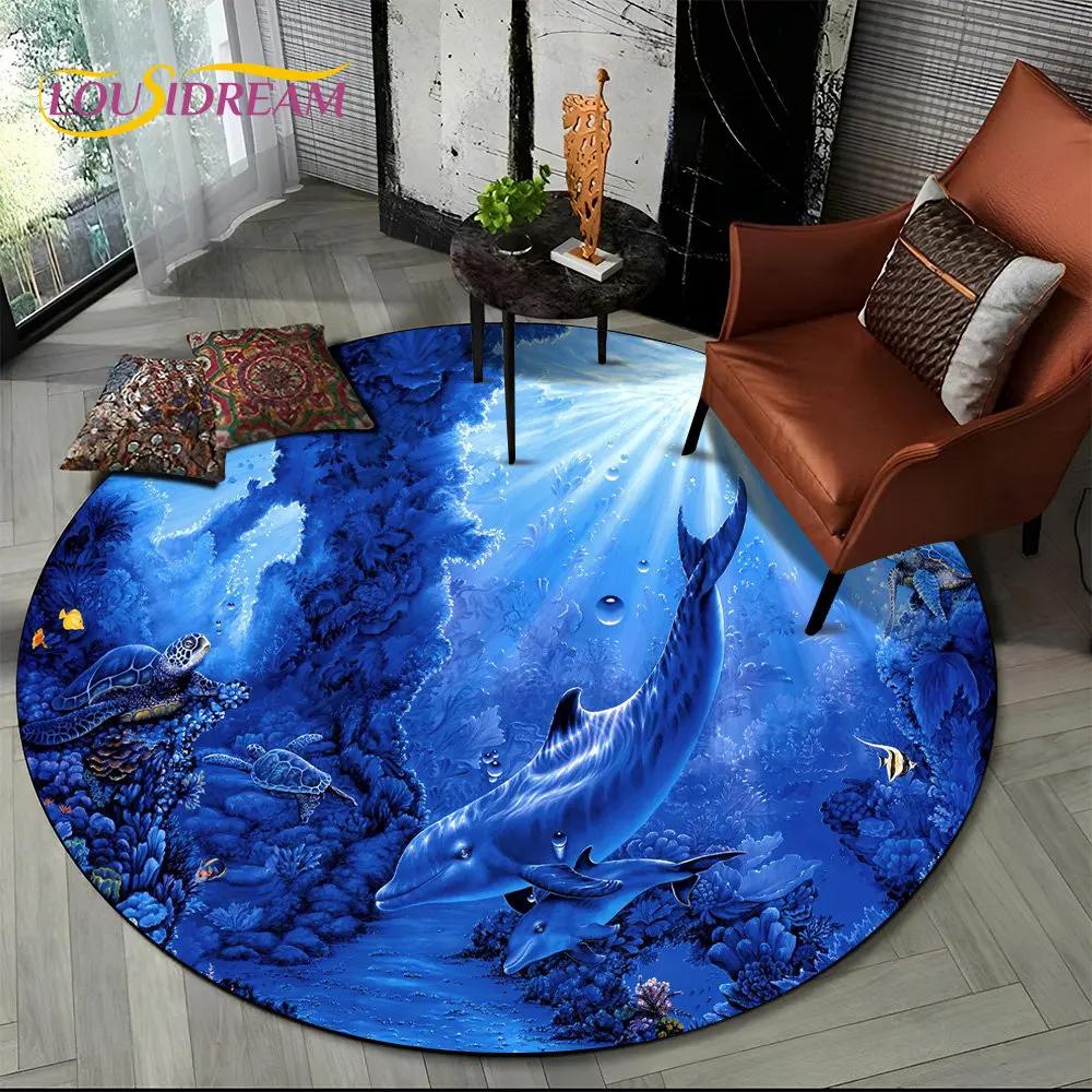 3D Seabed Illusion Underwater World Dolphin Round Area Rug,Carpet for Living Room Bedroom Sofa Playroom Decor,Non-slip Floor Mat