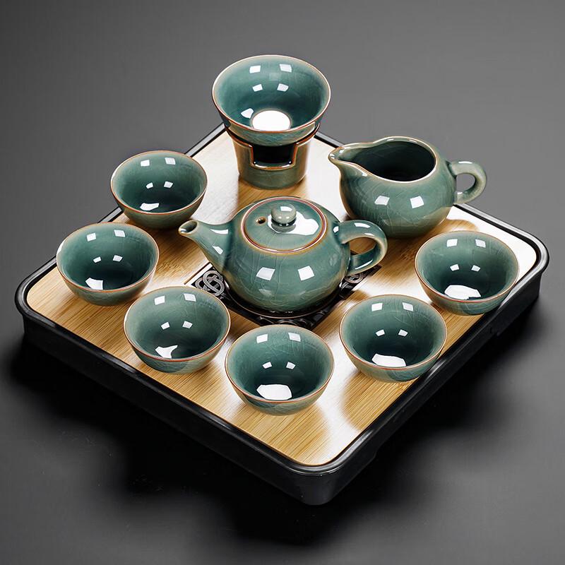 Lainuo 9-Piece Ge Kiln Tea Set with Bamboo Panel Tray