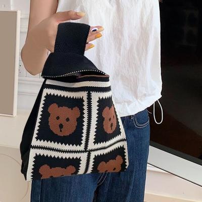 Bolsa de pulso feminina dos desenhos animados urso rosa padrão estético crochê malha sacola bolsa de pulso manga nó bolsa