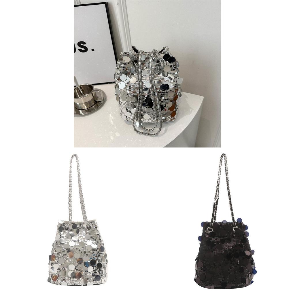 Borsa a secchiello piccola con paillettes e tracolla a catena per stile di strada e uso quotidiano