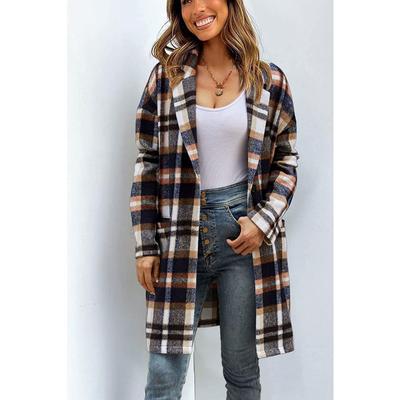Women's Autumn and Winter Pocket Mauney Plaid Trench Coat Jacket Top