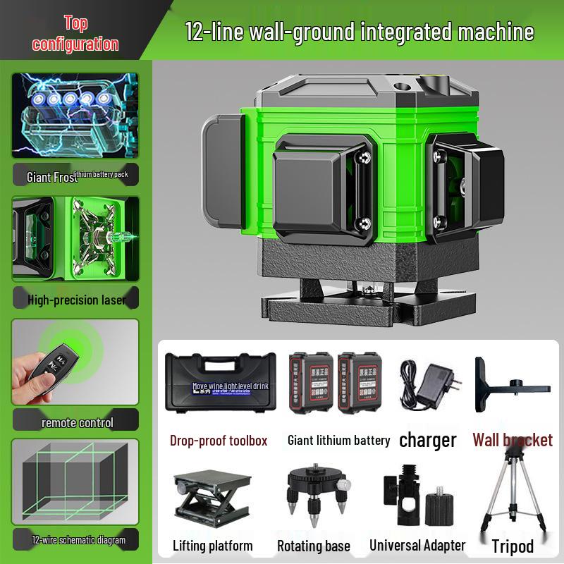 High-Precision Laser Level with 12-Line Green Infrared and Heavy-Duty Spirit Level