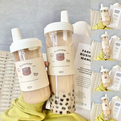 Large Capacity Sippy Cup Lids Spill Proof Feeding with Straws Water Bottles Creative Cartoon Transparent Beverage Cups Toddlers