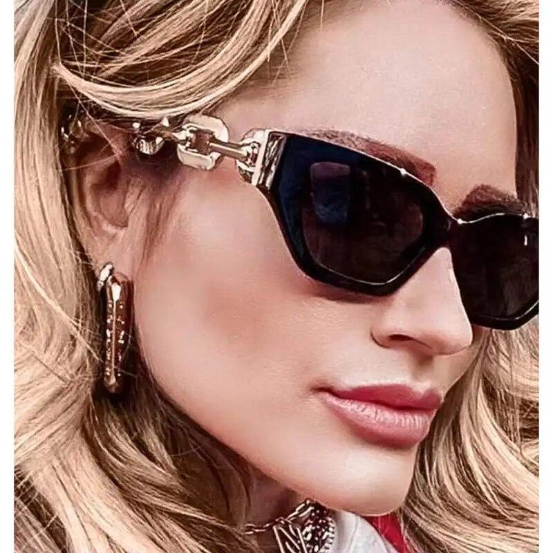 INS Vintage Cat Eye Sunglasses Women  Trend New Fashion Small Metal Chain Sunglasses Elegant Eyeglasses Fashion Black Shades