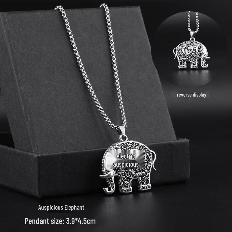 Retro Elephant Charm Necklace: Aged, Three-Dimensional, Double-Sided Wealth-Attracting Pendant for Men and Women.