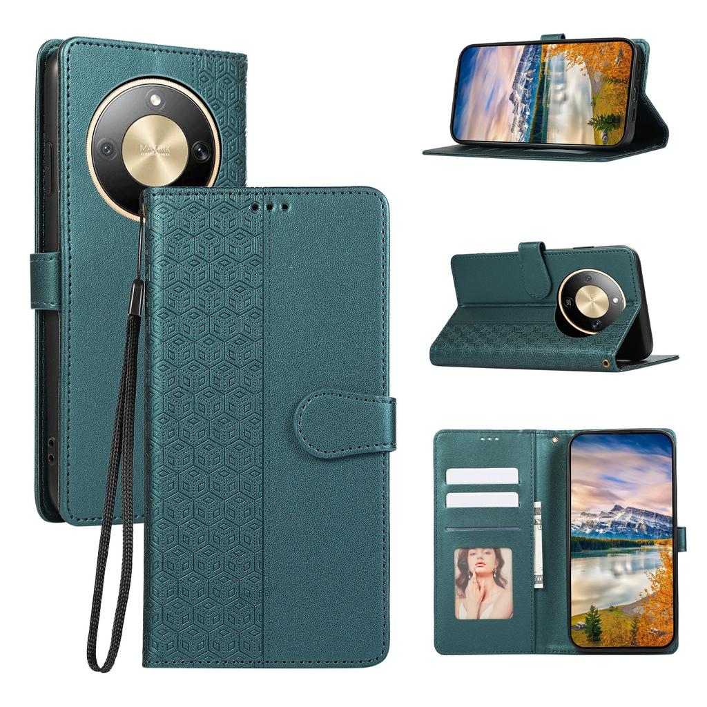 Phone Case For Honor Magic8 Lite 5G / X9d 5G / X70 5G Splicing Imprinted Rhombus Leather Cover with Wrist Strap