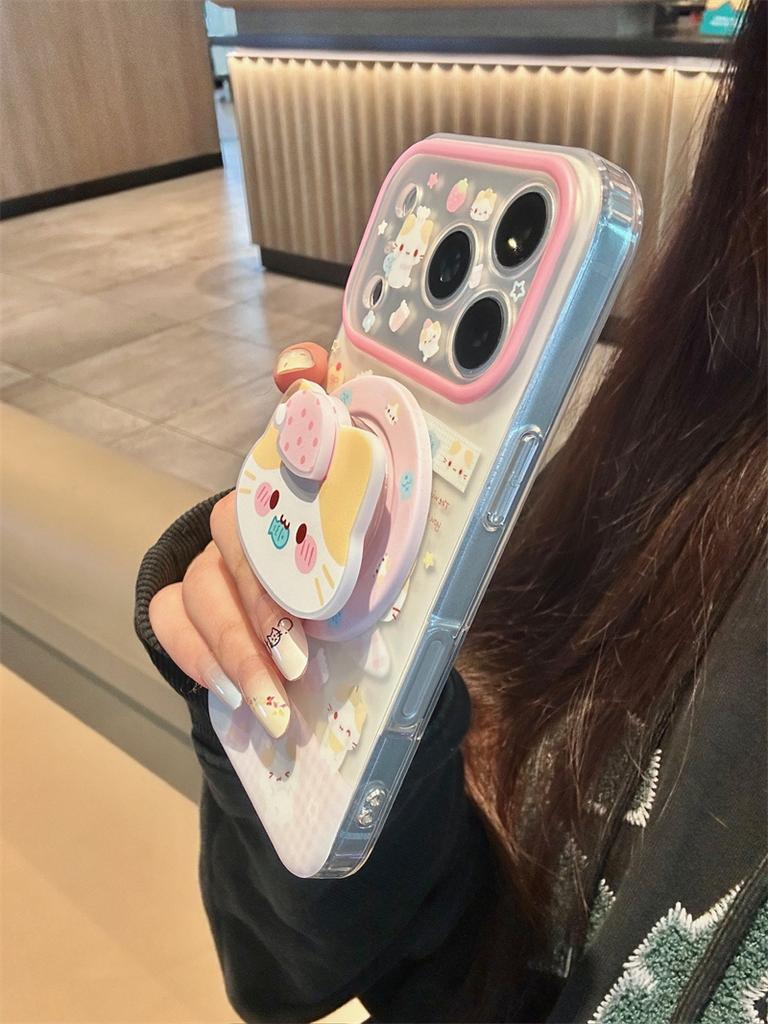 Kawaii Cartoon Cat Magnetic Pop Stand Clear Phone Case For iPhone 15 16 17 Pro Max INS Pink Cute Shockproof Protective Cover