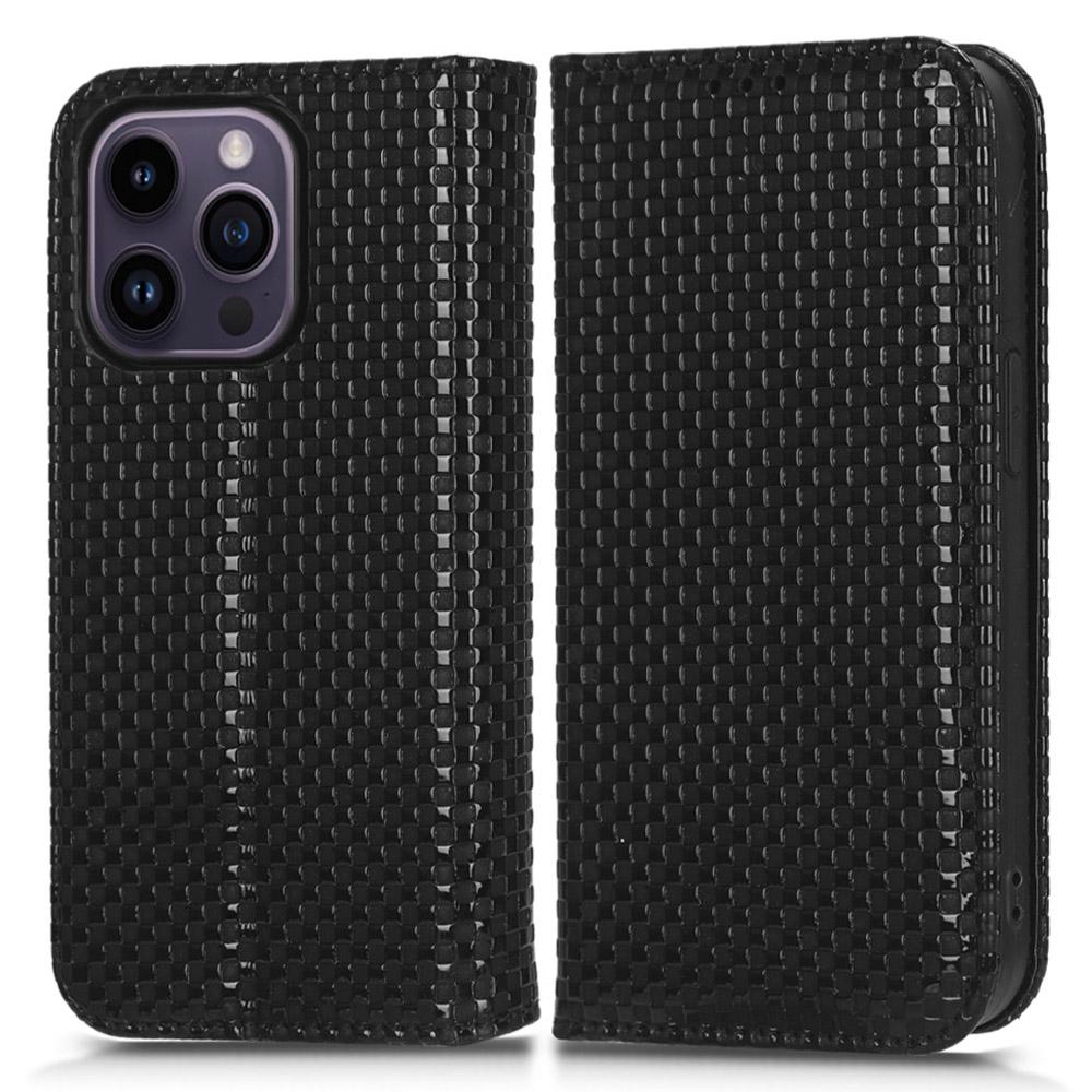 

For iPhone 15 Imprinted Grid Texture Flip Cover Wallet Phone Case PU Leather Phone Stand Shell Black