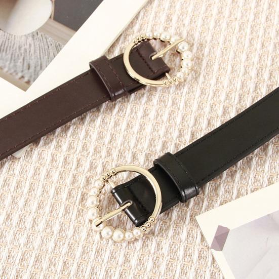 Imitation Leather Women Belt Faux Pearls Pin Buckle Adjustable Holes Design Waistband Versatile Fashion