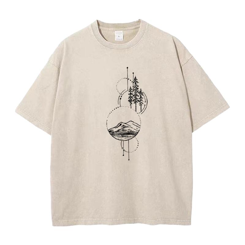 Geometric Abstract Mountain Round Neck Washed Tshirts Christmas Family Tops Tees Family Cotton Washed Tops Tees Mens