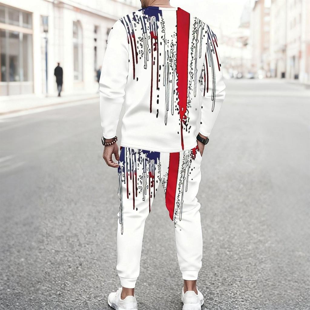 Men Heart American Flag Ocean Wave Print Long Sleeve Sweatshirt And Drawstring Jogger Pants Two Piece Outfit