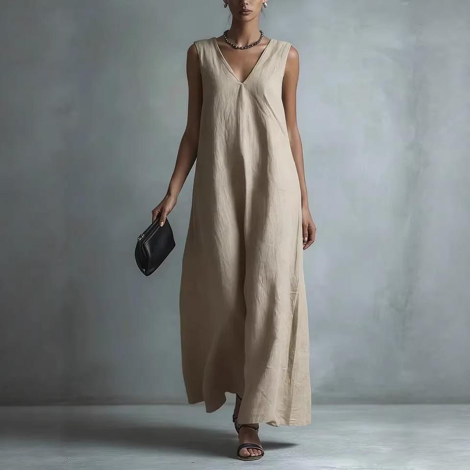 Damen Freizeit V-Ausschnitt Mode Ärmellos Baumwolle Leinen Kleid