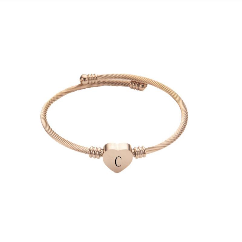 Stainless Steel Open Cuff Adjustable 26 Letters Heart Bracelet