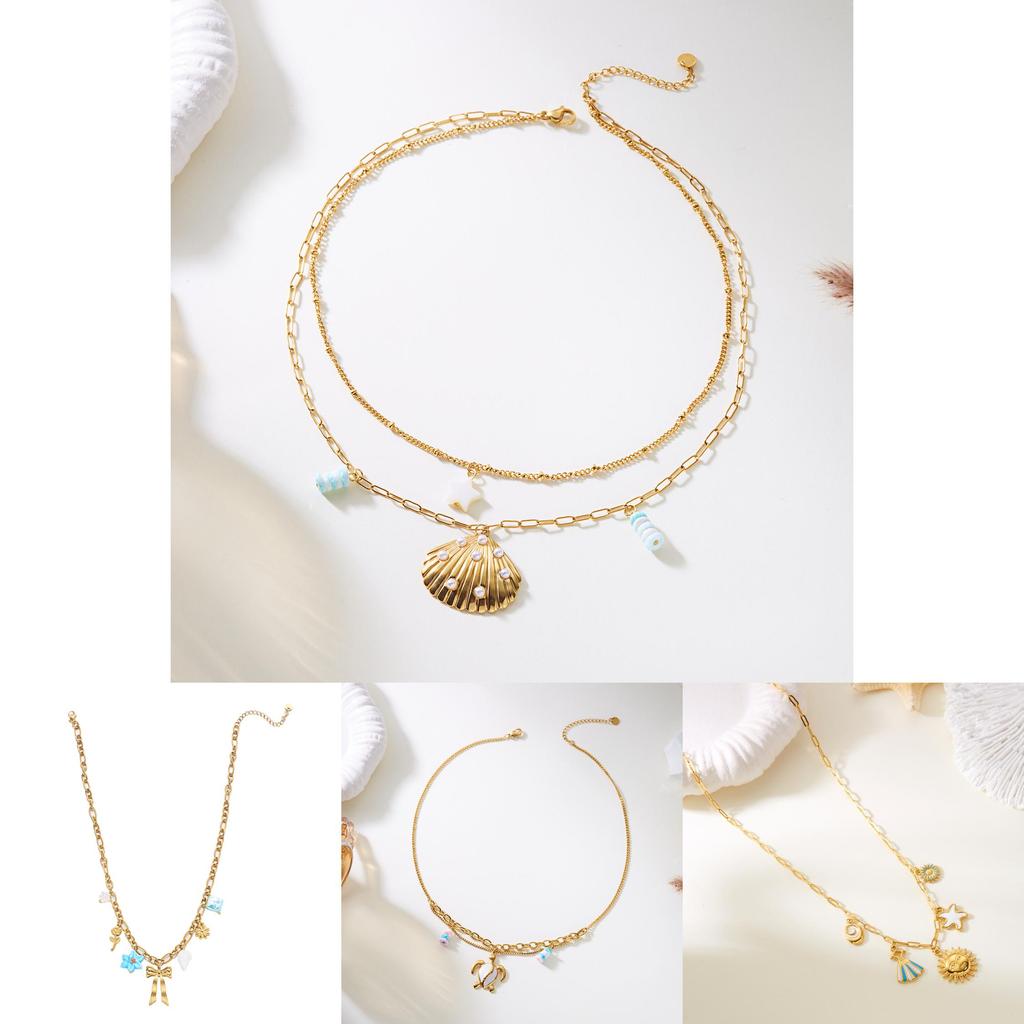 Summer Vacation Style Multilayer Stainless Steel Butterfly Sun Pendant Necklace For Women