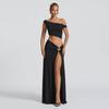 European and American Summer New Women's Clothing Sexy Slanted Shoulder Open Button T-shirt Vest Slim Side Split Skirt Set