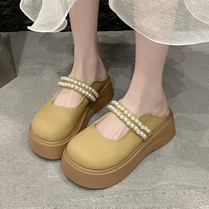 2025 Summer New Women's Shoes Muffin Platform Mary Jane Shoes Pearl Bag Head Slippers Casual Versatile Half Drag 2025