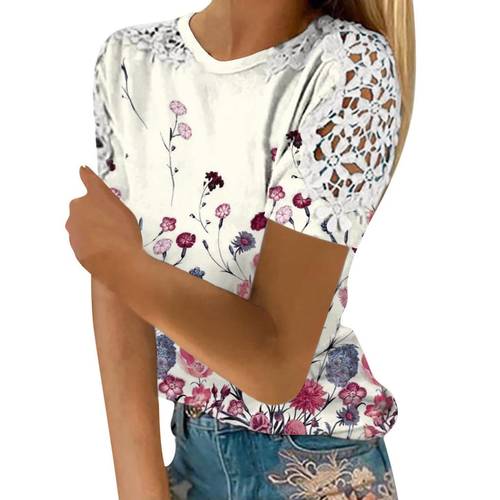 Women's Fashion Lace Hollow Print Round Neck Short Sleeve T-shirt Top
