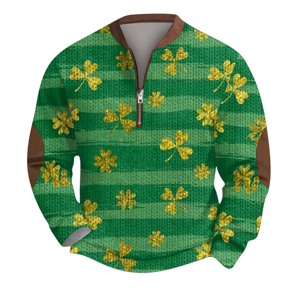 Mens Christmas Sweater Zip Up Sweatshirts Vintage Knit Graphic Sweatshirt St. Patrick's Day Stand Collar Pullover