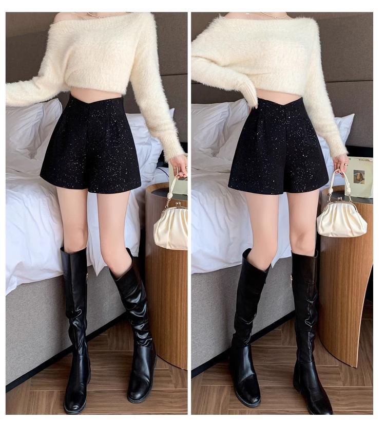 French Sparkly High-Waisted Woolen A-Line Shorts - Women's Autumn/Winter Slimming Wide-Leg Booty Pants