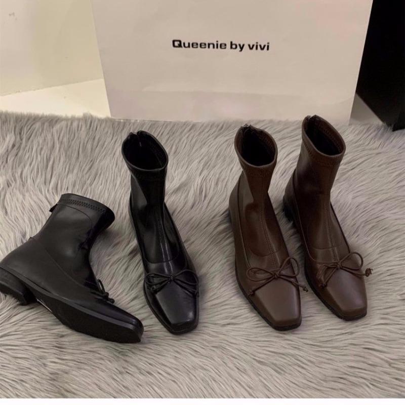 Leather Women's High-heeled Boots Fashionable Bow Back Zipper Square Toe Mid-calf Temperament Women Boots for Autumn