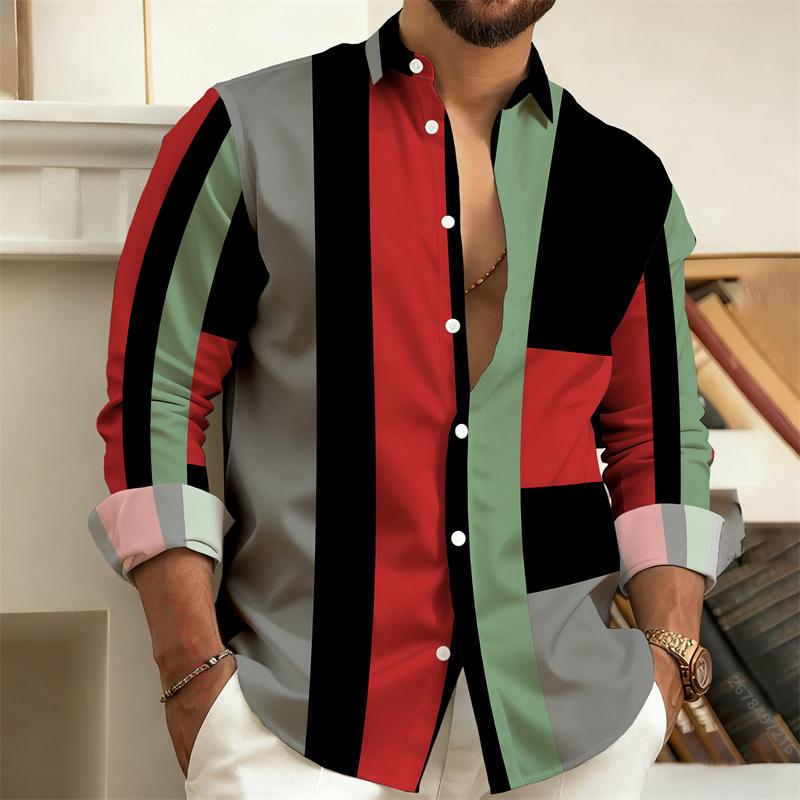 Men's Color-Block Geometric Stripe Long-Sleeve Shirt, Business Casual Dress Shirt, Slim-Fit Men's Fashion Top,