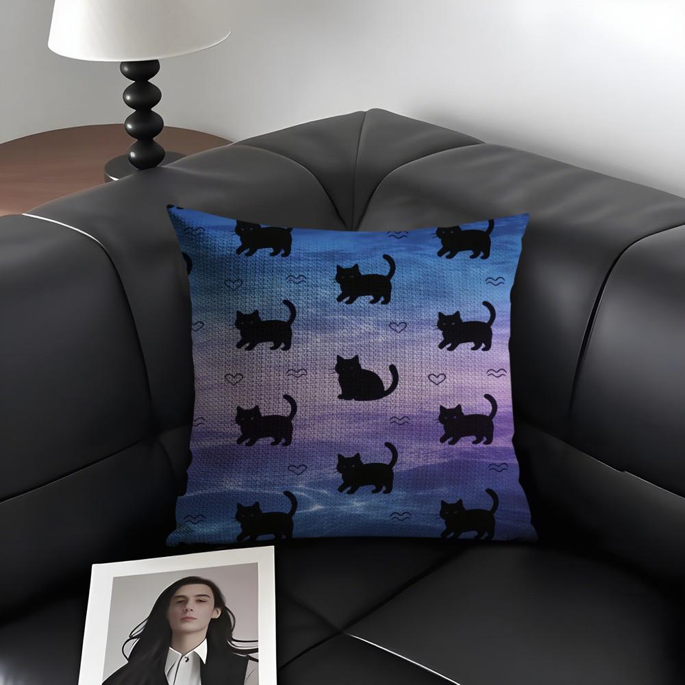Black Cat Cushion Cover Natural Linen Organic Fabric Double-Sided Printing Sofa Home Decor Gift Pillow Case