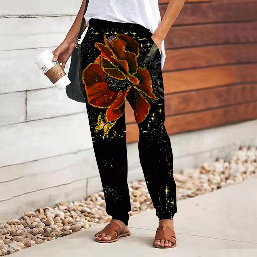Women Flower Printing Pants Lace Up Elastic Waist Loose  Trousers Casual Long Pants Trousers with Pockets