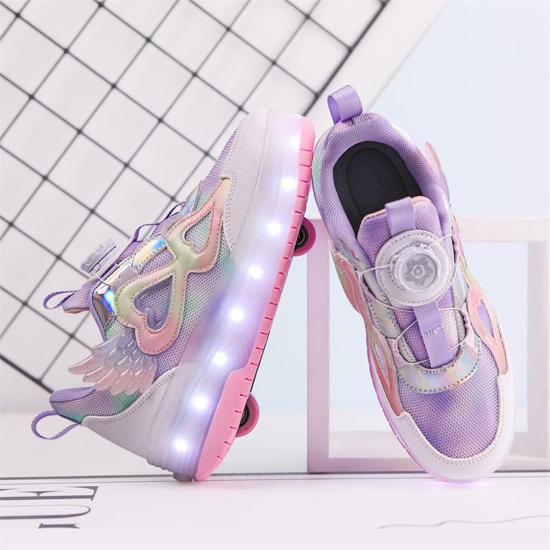 Kid's Lights Sports Shoes Rubbing Shoes Solid Magic Patch Can Charging Double-row Four-wheel Slide Shoes