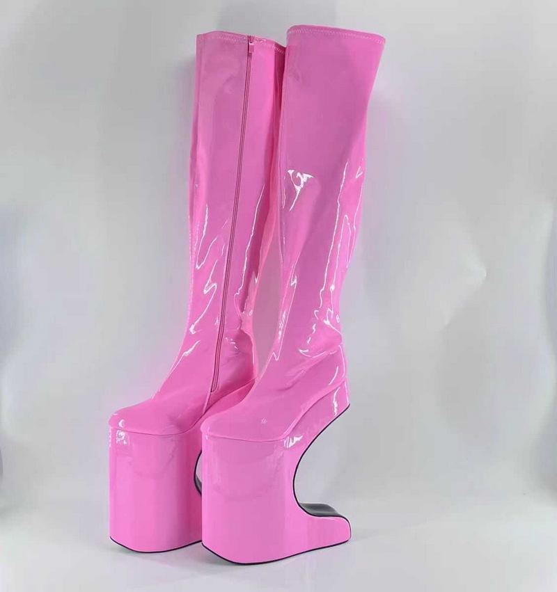 FHC 30CM Bent Heel.Women Knee High Boots,Men Fetish Bed Cosplay Shoes.Platforms Long Botas.Round Toe,Pink,Red,Custom Colors